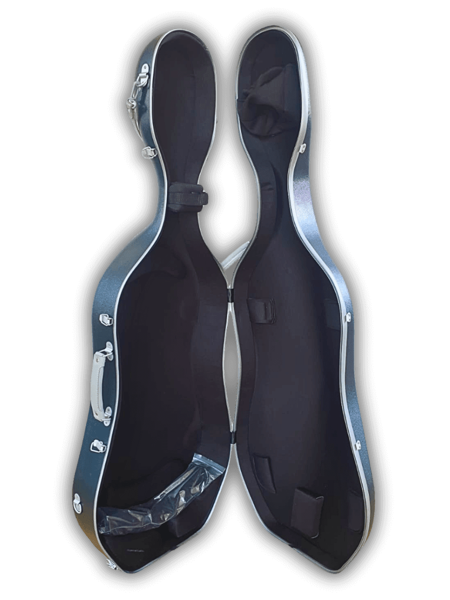 LVL Allegra cello case – black polycarbonate with bow holders and cushioning