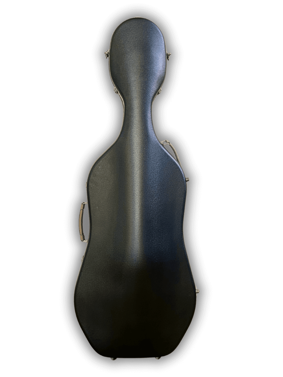 LVL Allegra black cello case for 3/4–4/4 cellos, lightweight hard polycarbonate with wheels