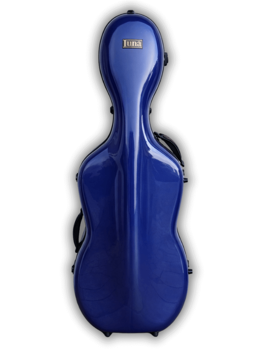 Luna Altus Royal Blue cello case 1/4 to 1/2 size in Singapore, lightweight hard shell protective case with sleek glossy finish standing upright against a white wall.