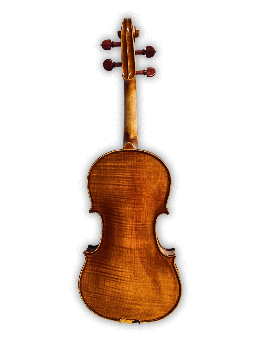 Back view of JV05 handmade violin featuring flamed maple wood with natural acoustic resonance
