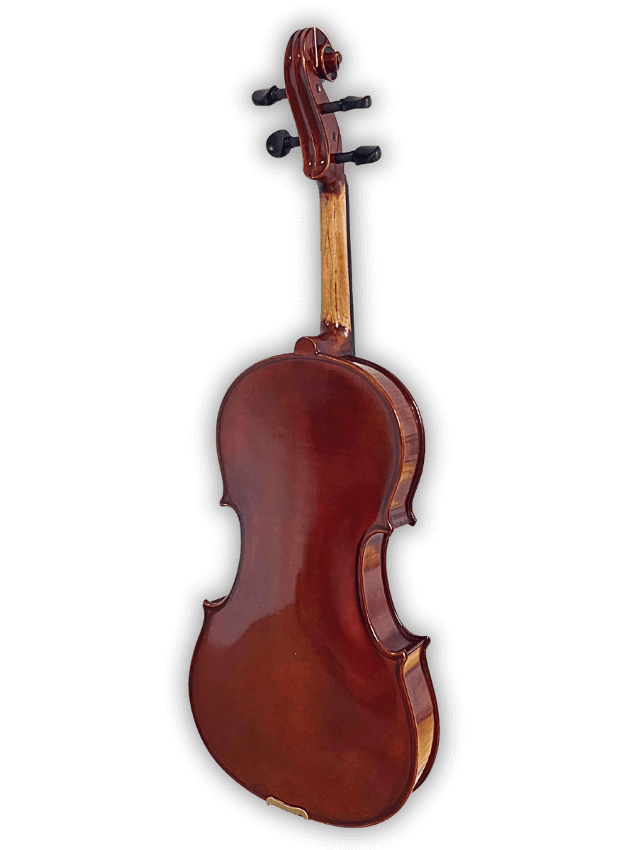 Close-up of tailpiece and bridge on Melodiebogen German Viola MB-VL100 with light composite tailpiece and four fine tuners.