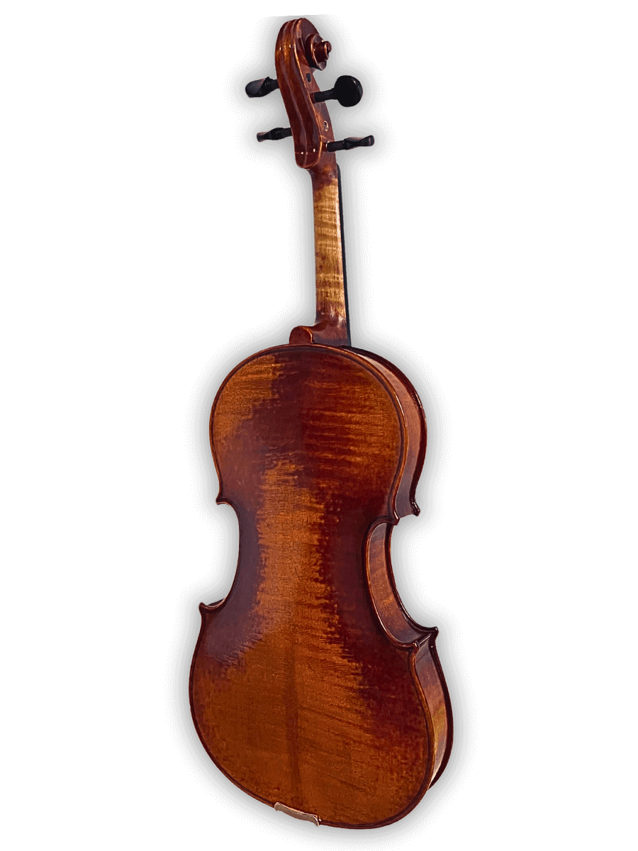 Back of Melodiebogen German Viola MB-VL200 highlighting beautifully flamed maple wood and rich brown finish.