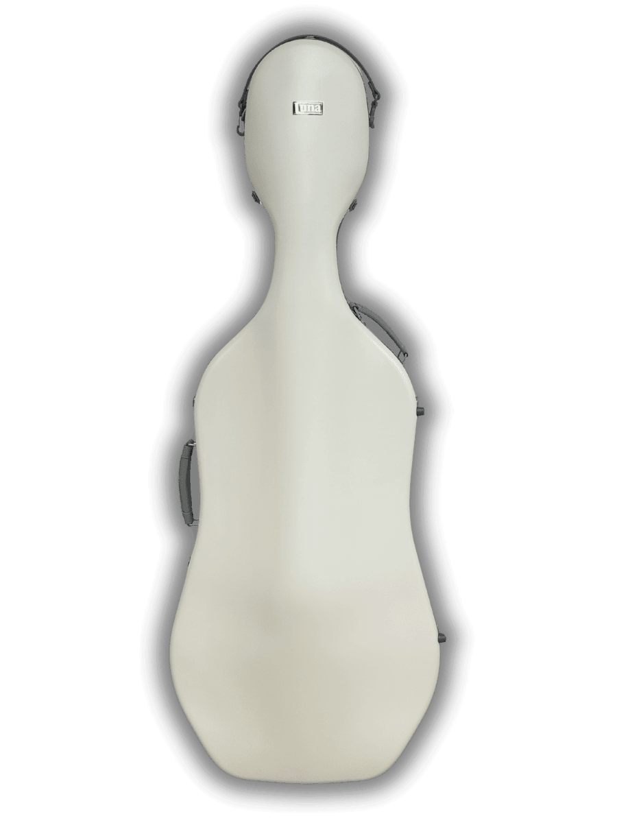 Luna Altus Frost White cello case with Bulgarian design, lightweight protection for 4/4 size cellos