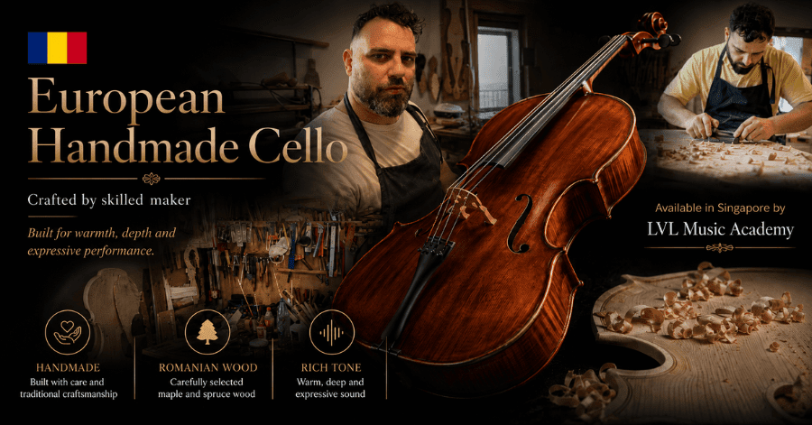 A European cello model Goffriller made by Rafael Rupa available to buy at LVL Music Academy