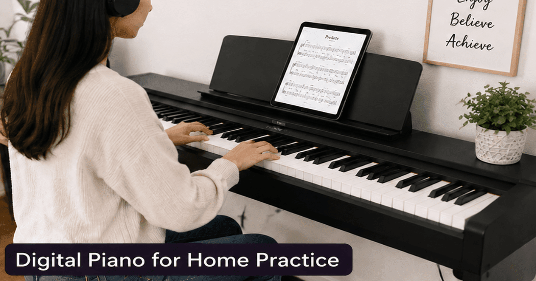 Student practising pop songs on a digital piano at home