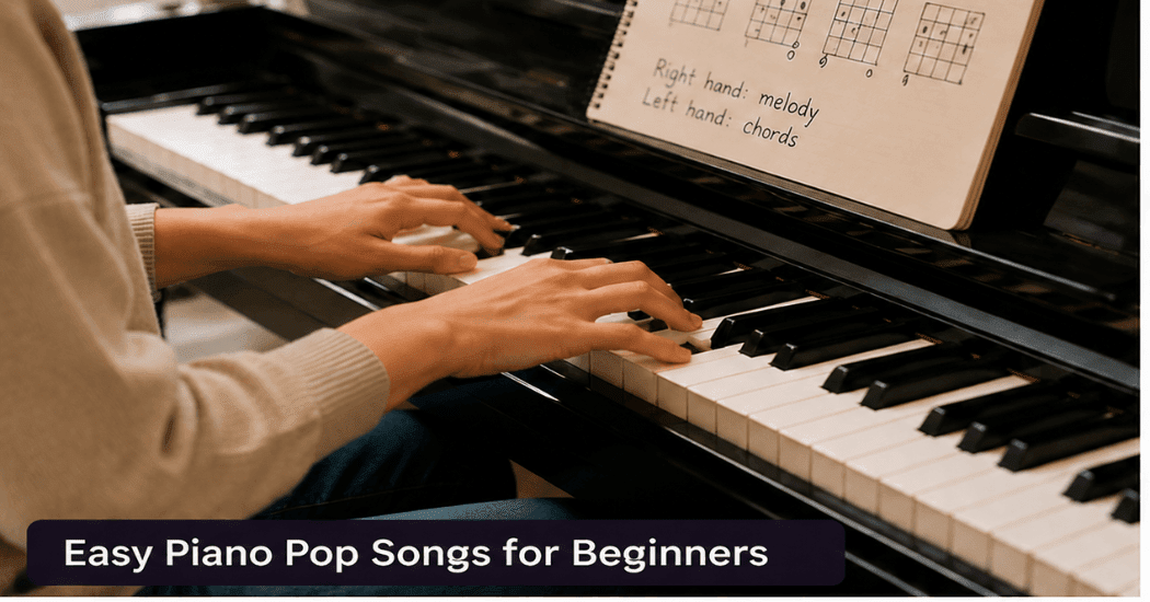 Beginner pianist playing simple pop song chords on piano