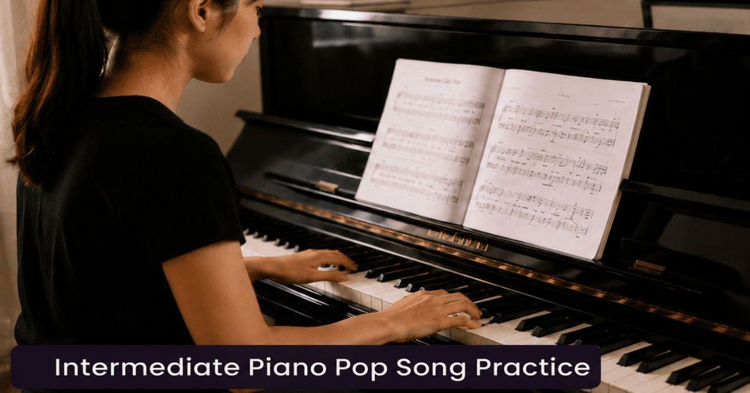 Pianist practising an intermediate pop song on piano